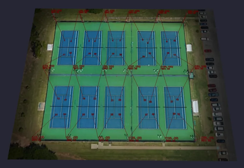Photometric layout over a ten-court tennis complex