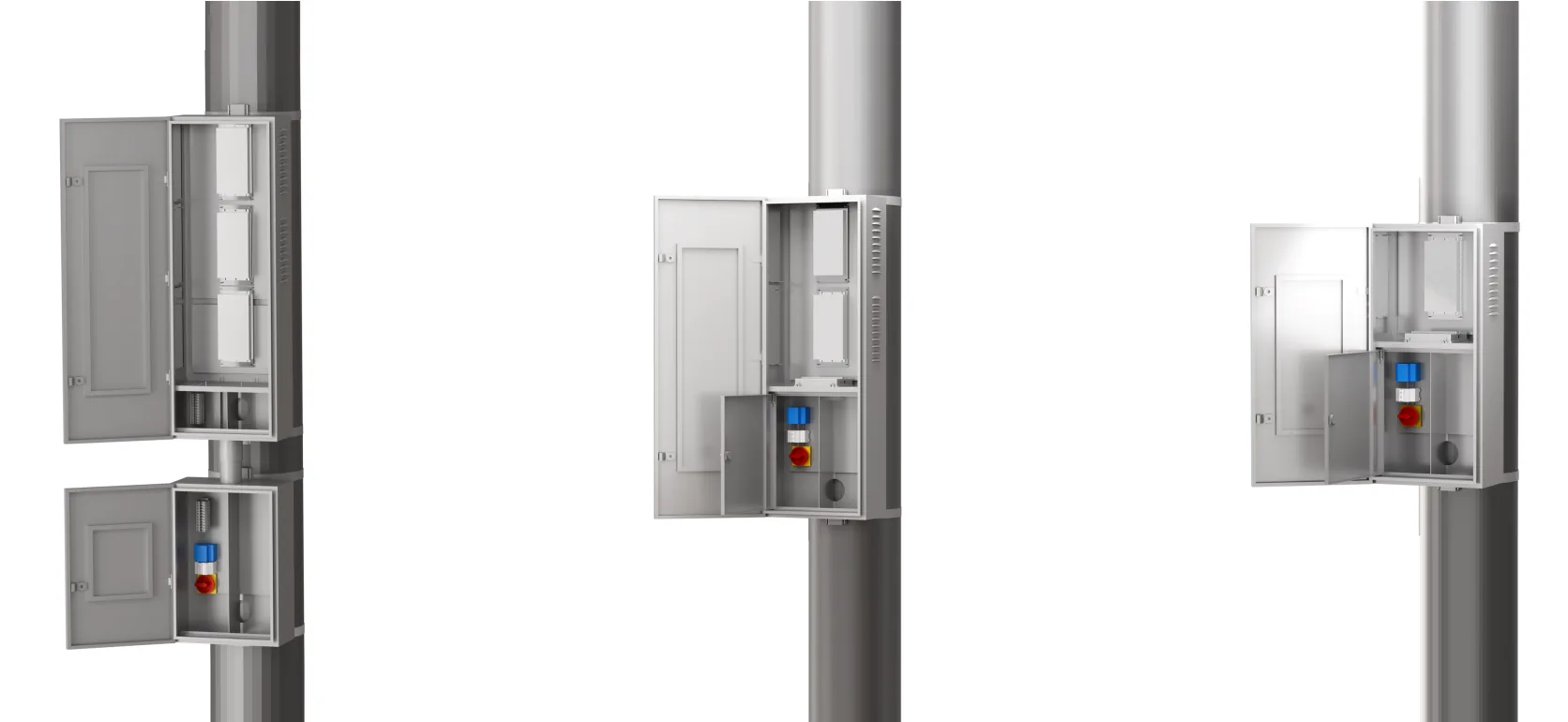 Cabinets B, C and E shown open on poles, with cabinet A below cabinet B