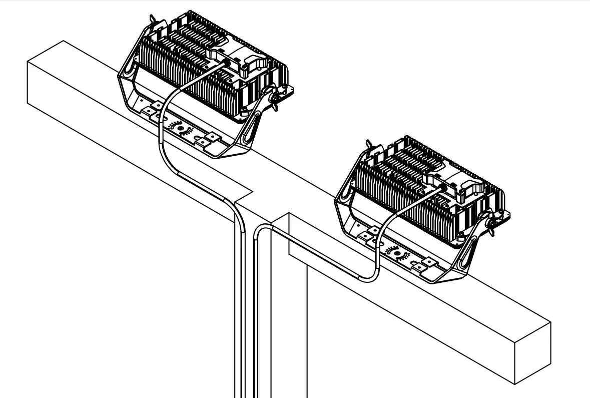 Two fixtures on a cross-arm with left/right rotation marked